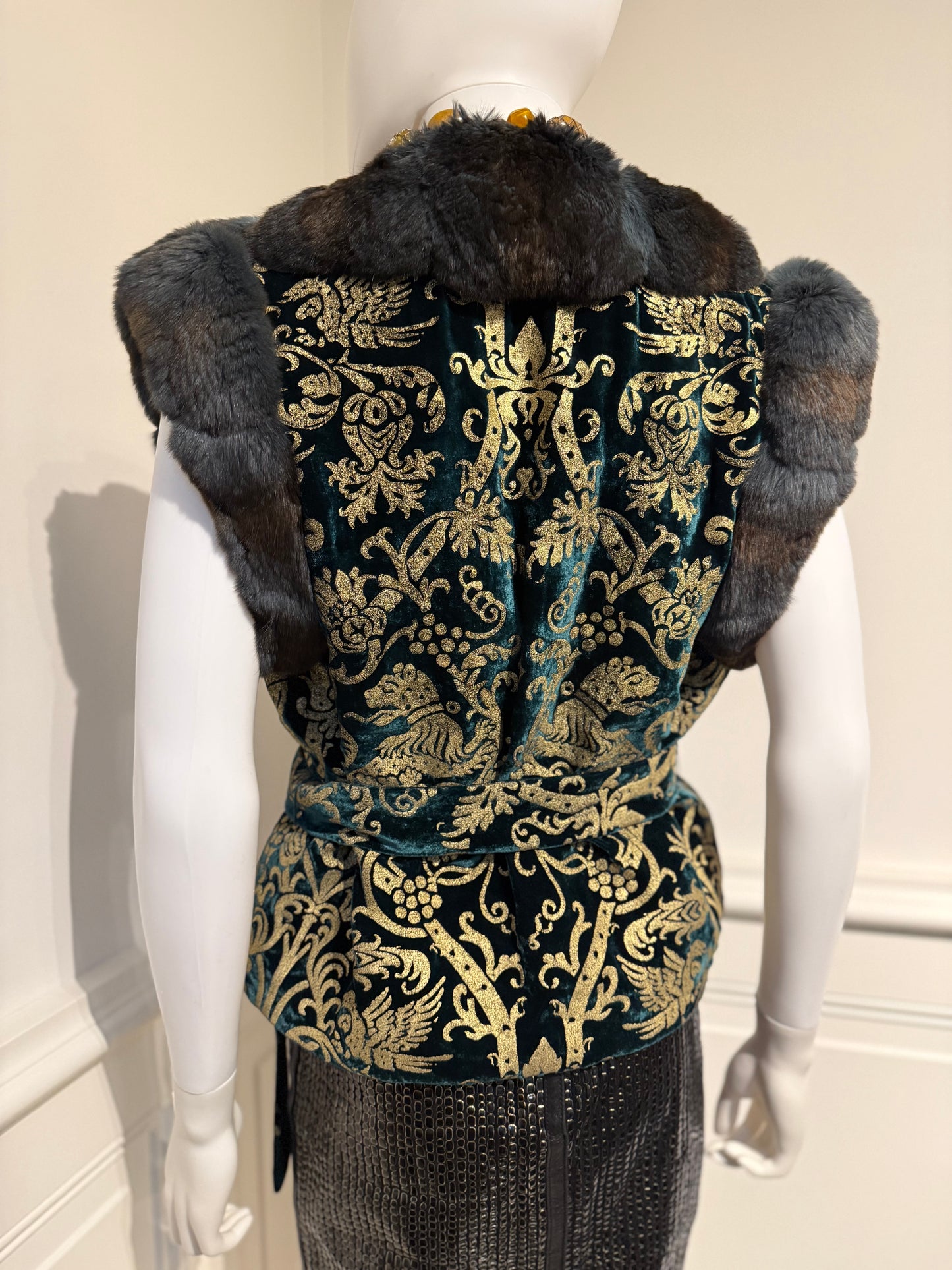 Roberto Cavalli Autumn/Winter 2006 gorgeous emerald green silk velvet gold pattern vest trimmed with chinchilla fur