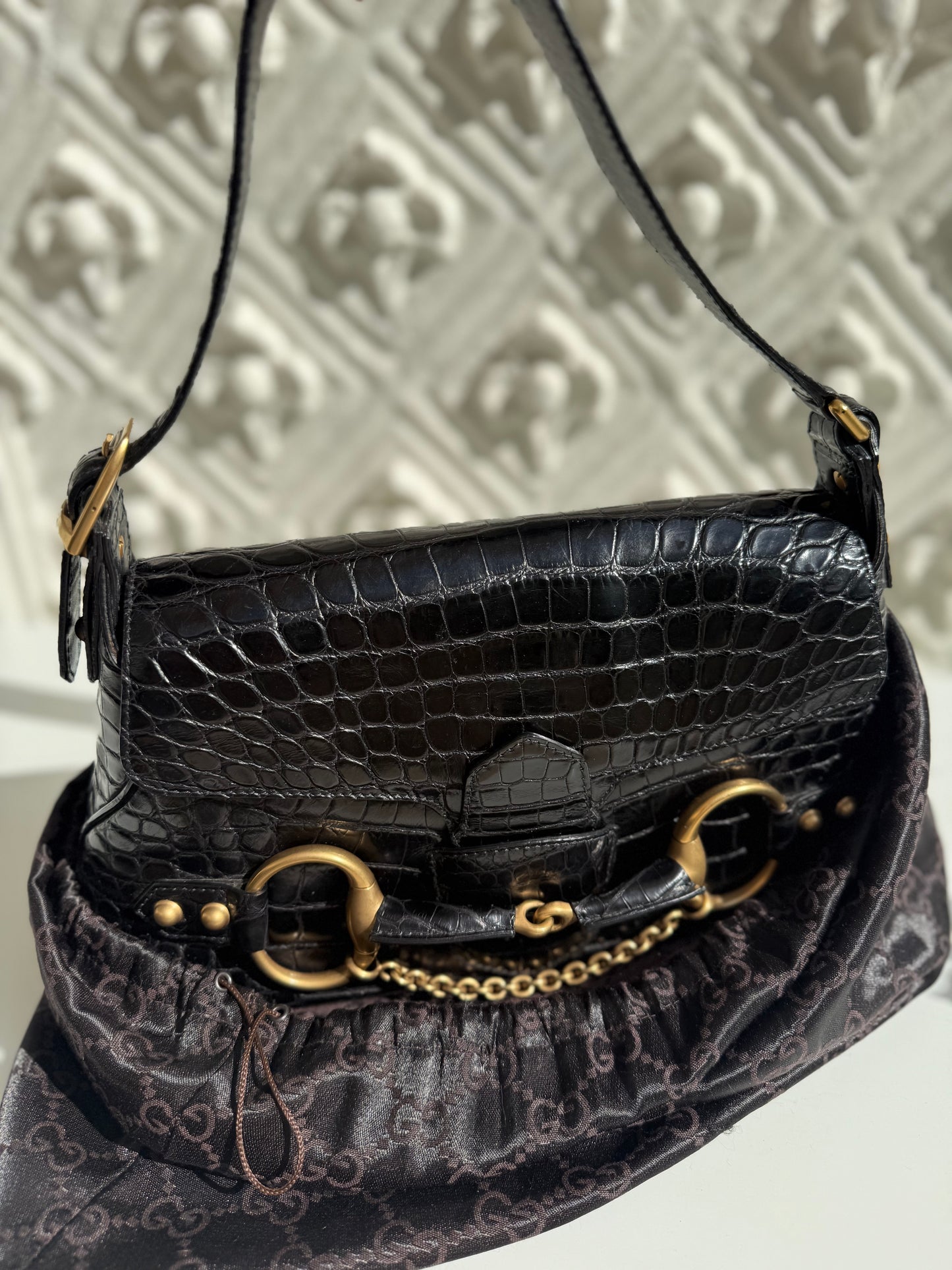 Rare one and only iconic limited edition runway Gucci Fall/Winter 2003 crocodile skin Horsebit 1955 by Tom Ford