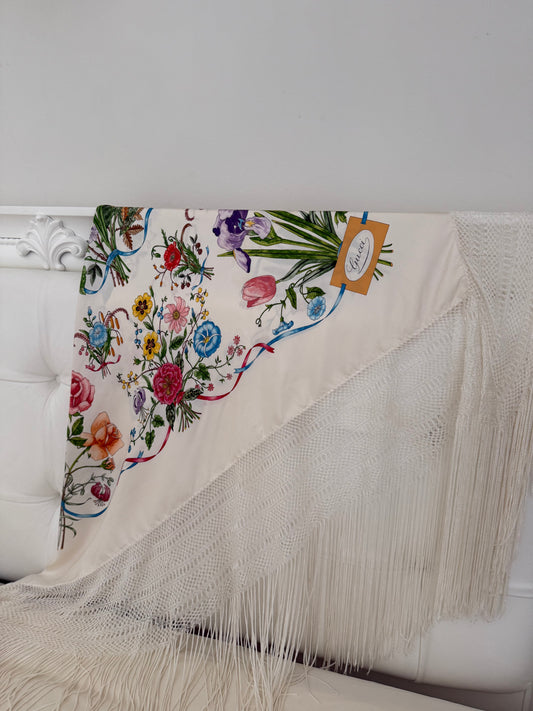 Vintage Gucci by Vittorio Accornero Flora II silk fringed shawl