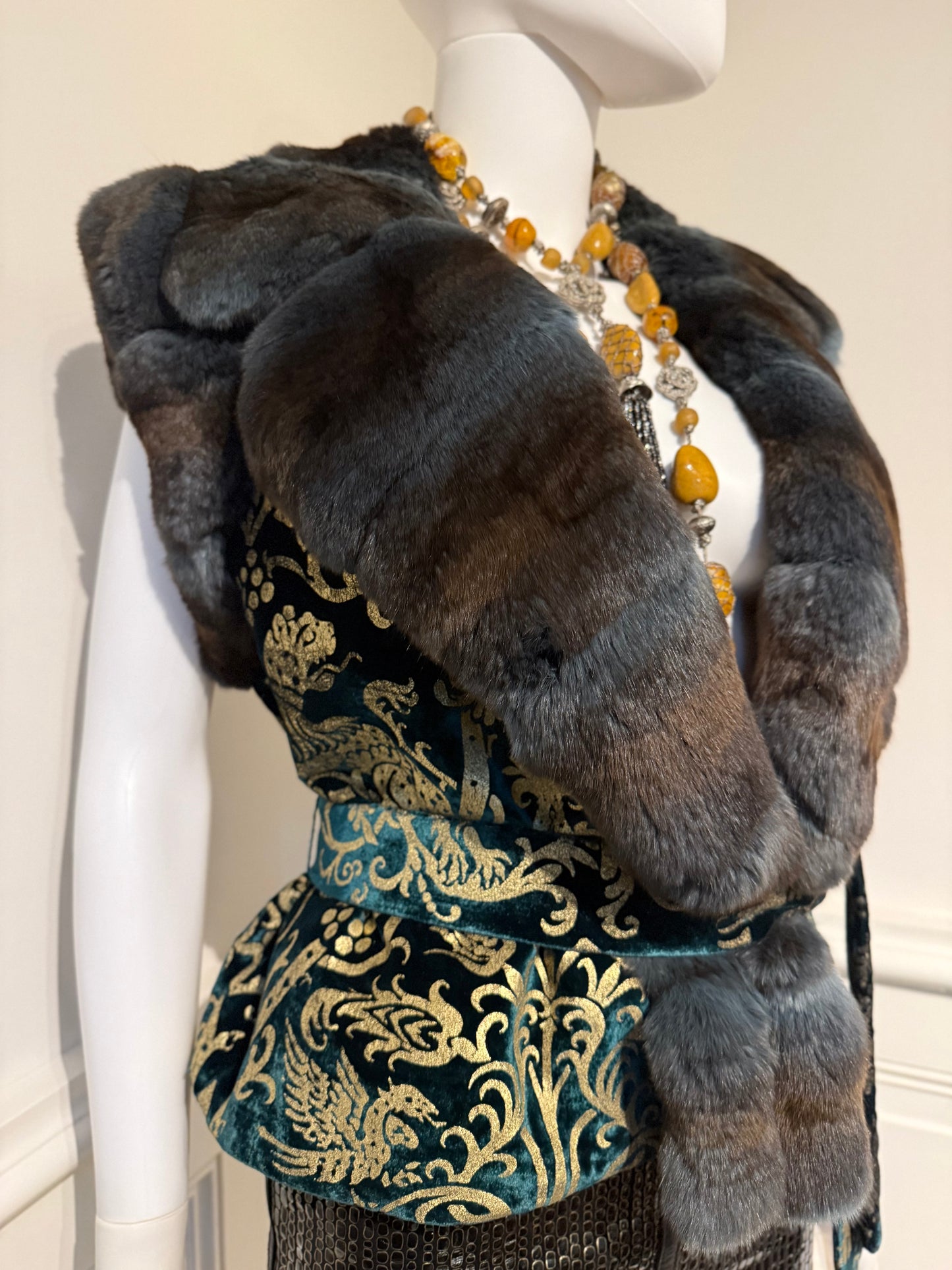 Roberto Cavalli Autumn/Winter 2006 gorgeous emerald green silk velvet gold pattern vest trimmed with chinchilla fur