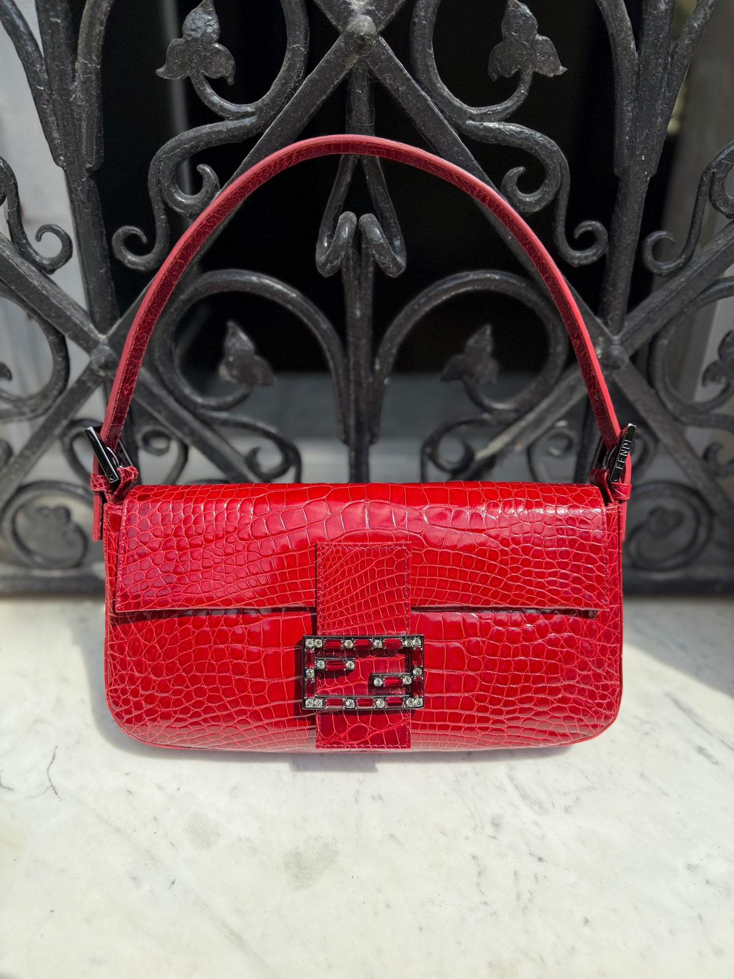 Rare exceptional vintage Fendi baguette in exotic crocodile skin dark red color🐊
