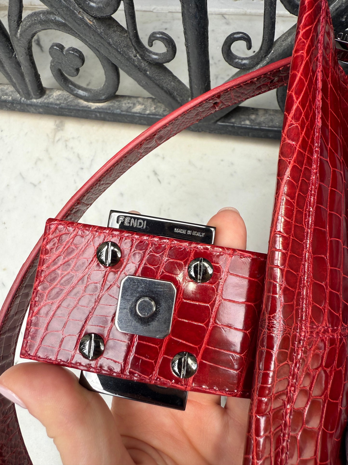 Rare exceptional vintage Fendi baguette in exotic crocodile skin dark red color🐊