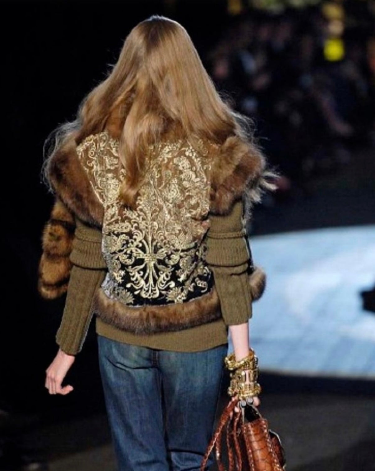 Roberto Cavalli Autumn/Winter 2006 gorgeous emerald green silk velvet gold pattern vest trimmed with chinchilla fur
