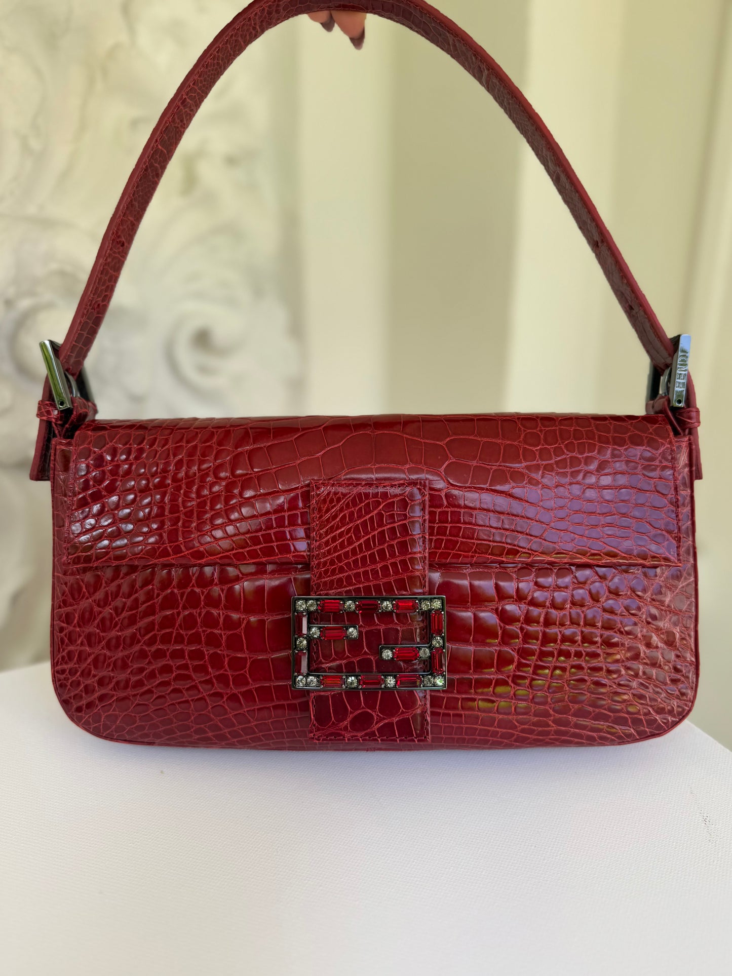 Rare exceptional vintage Fendi baguette in exotic crocodile skin dark red color🐊