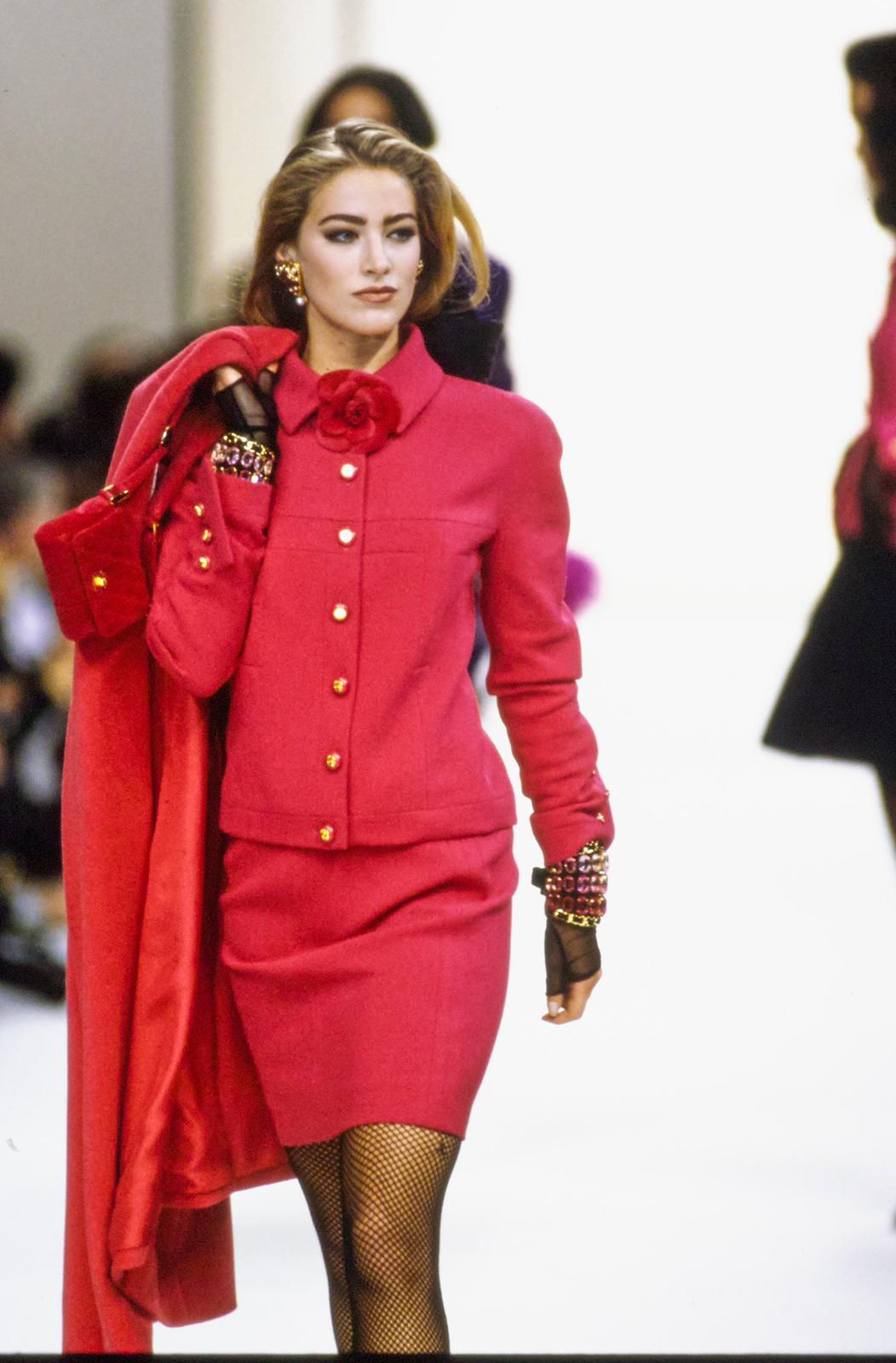 Documented Chanel AW 1991 Hip-Hope Collection Fuchsia Runway skirt suit by Karl Lagerfeld