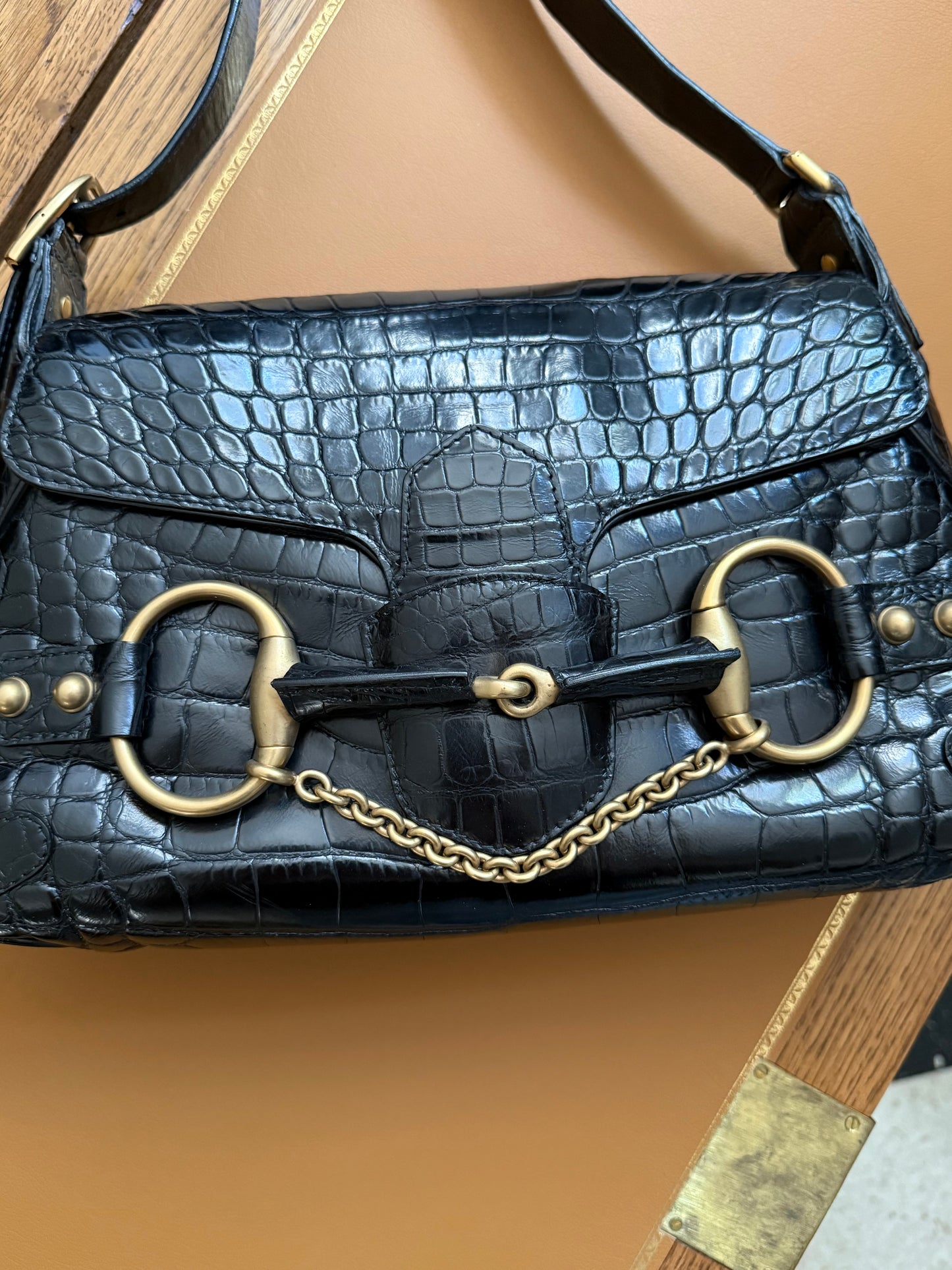 Rare one and only iconic limited edition runway Gucci Fall/Winter 2003 crocodile skin Horsebit 1955 by Tom Ford