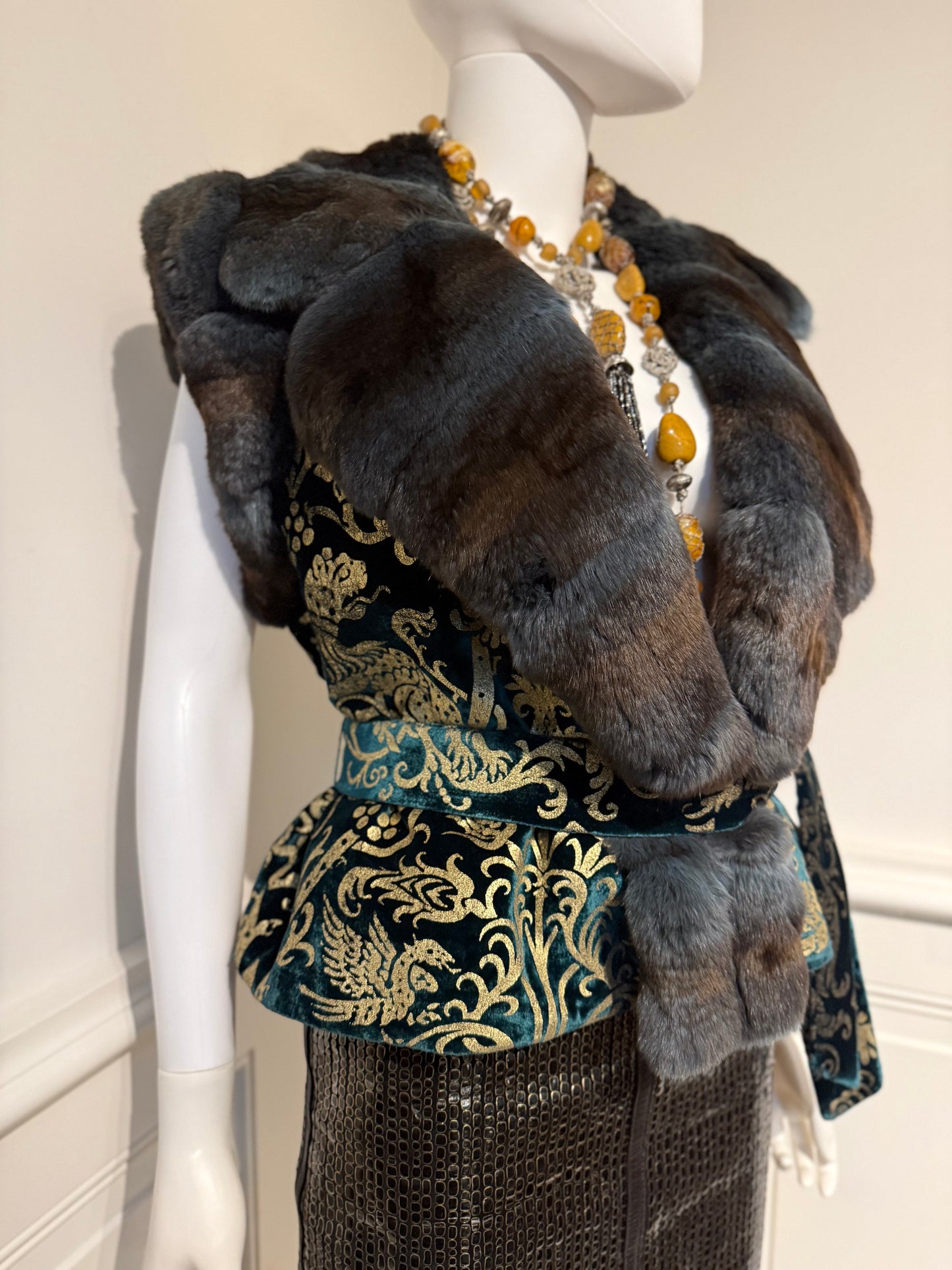 Roberto Cavalli Autumn/Winter 2006 gorgeous emerald green silk velvet gold pattern vest trimmed with chinchilla fur