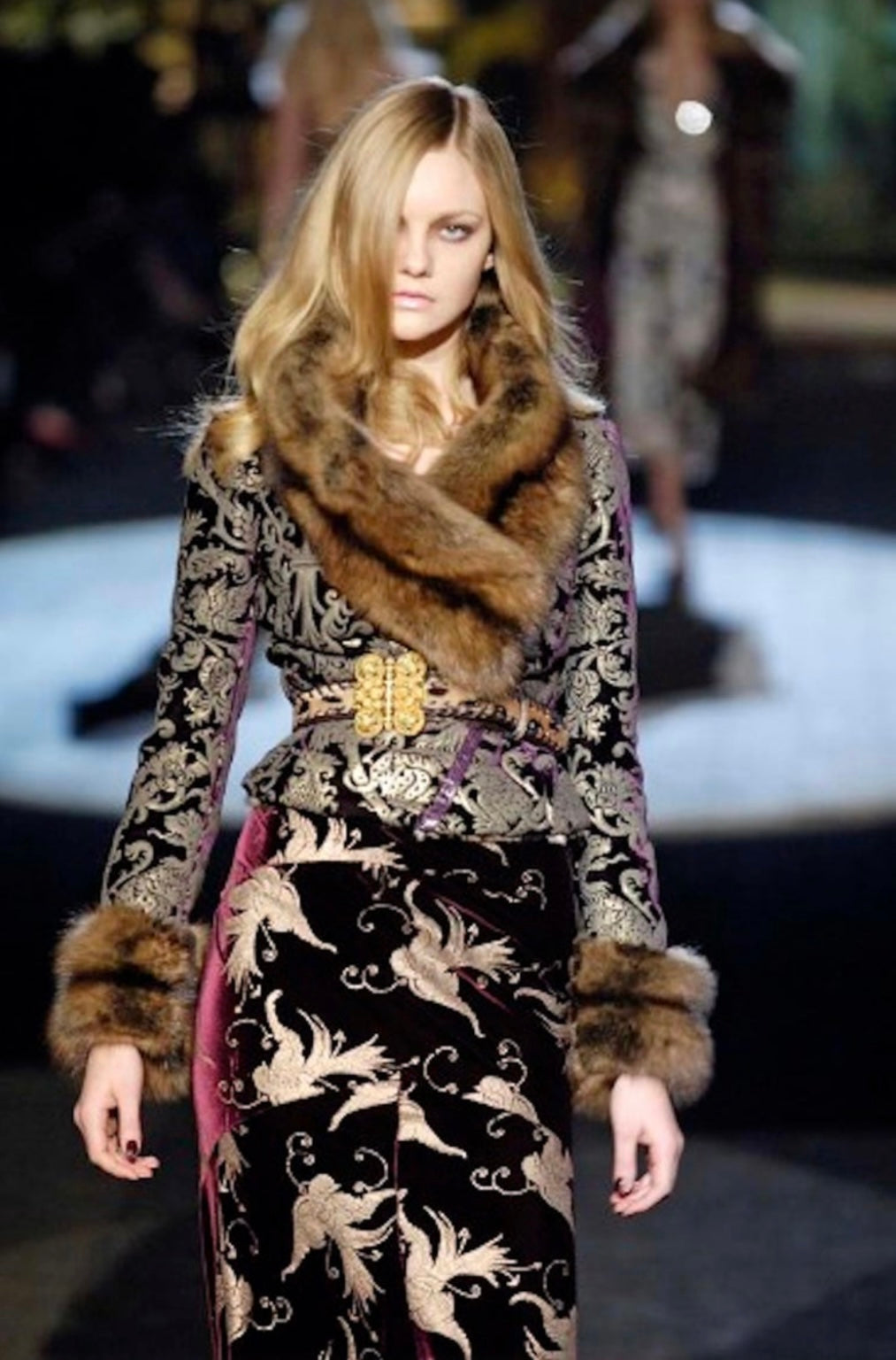 Roberto Cavalli Autumn/Winter 2006 gorgeous emerald green silk velvet gold pattern vest trimmed with chinchilla fur