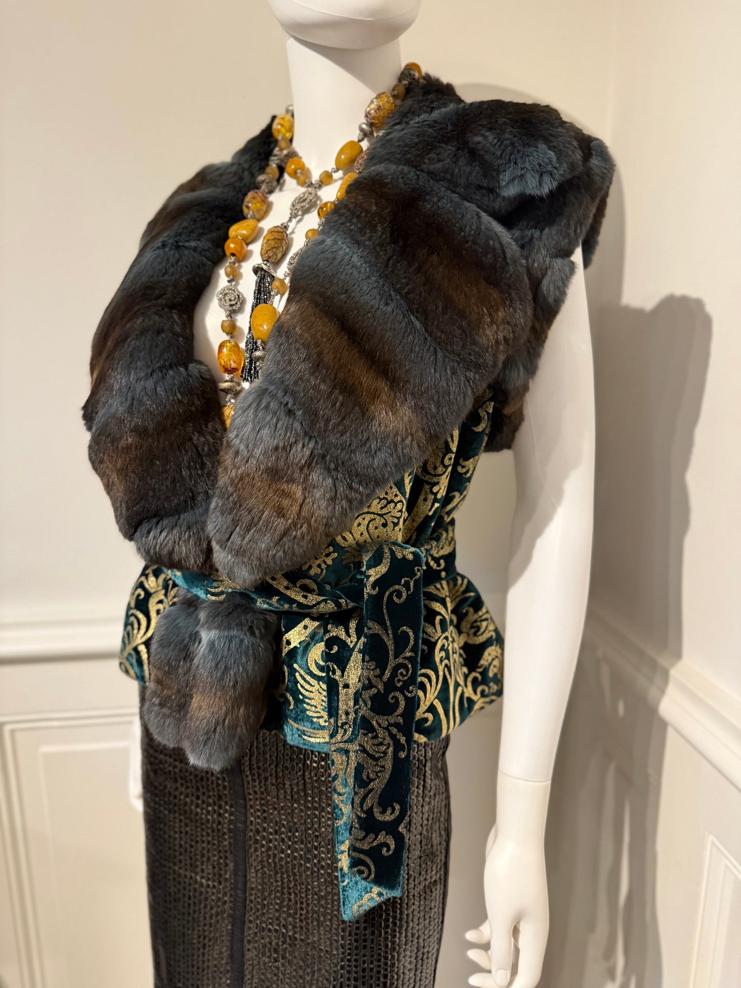 Roberto Cavalli Autumn/Winter 2006 gorgeous emerald green silk velvet gold pattern vest trimmed with chinchilla fur