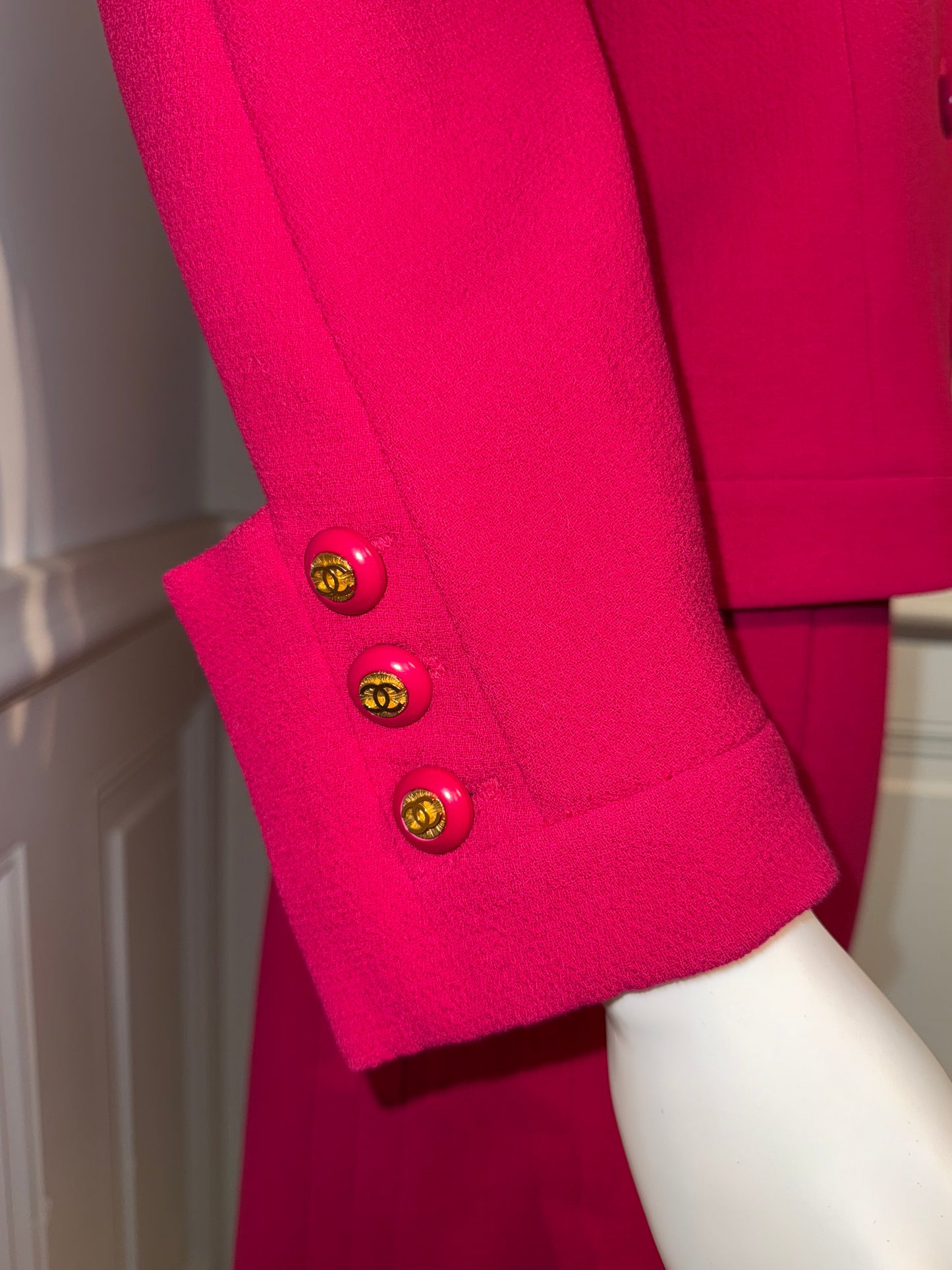 Documented Chanel AW 1991 Hip-Hope Collection Fuchsia Runway skirt suit by Karl Lagerfeld