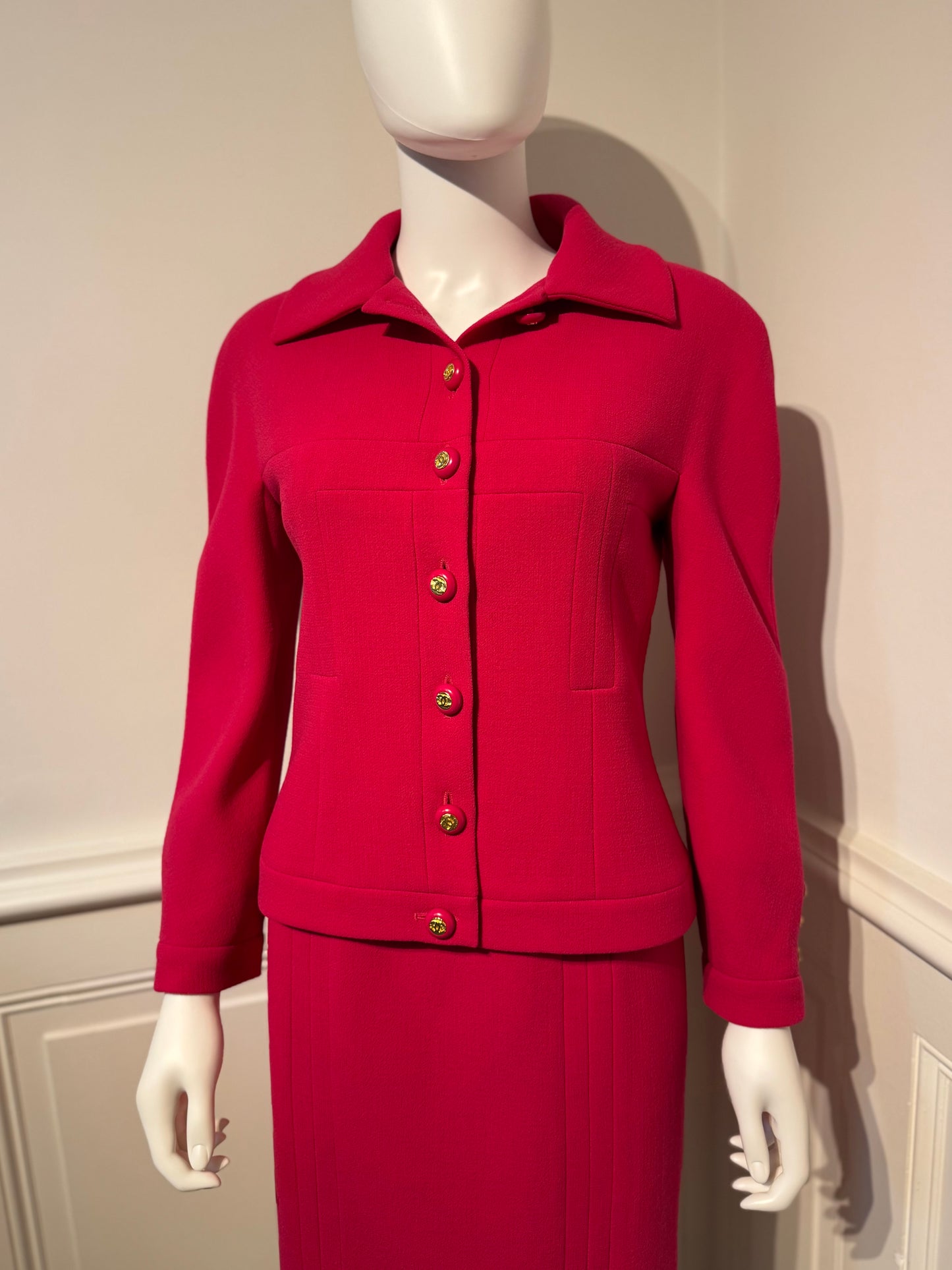 Documented Chanel AW 1991 Hip-Hope Collection Fuchsia Runway skirt suit by Karl Lagerfeld