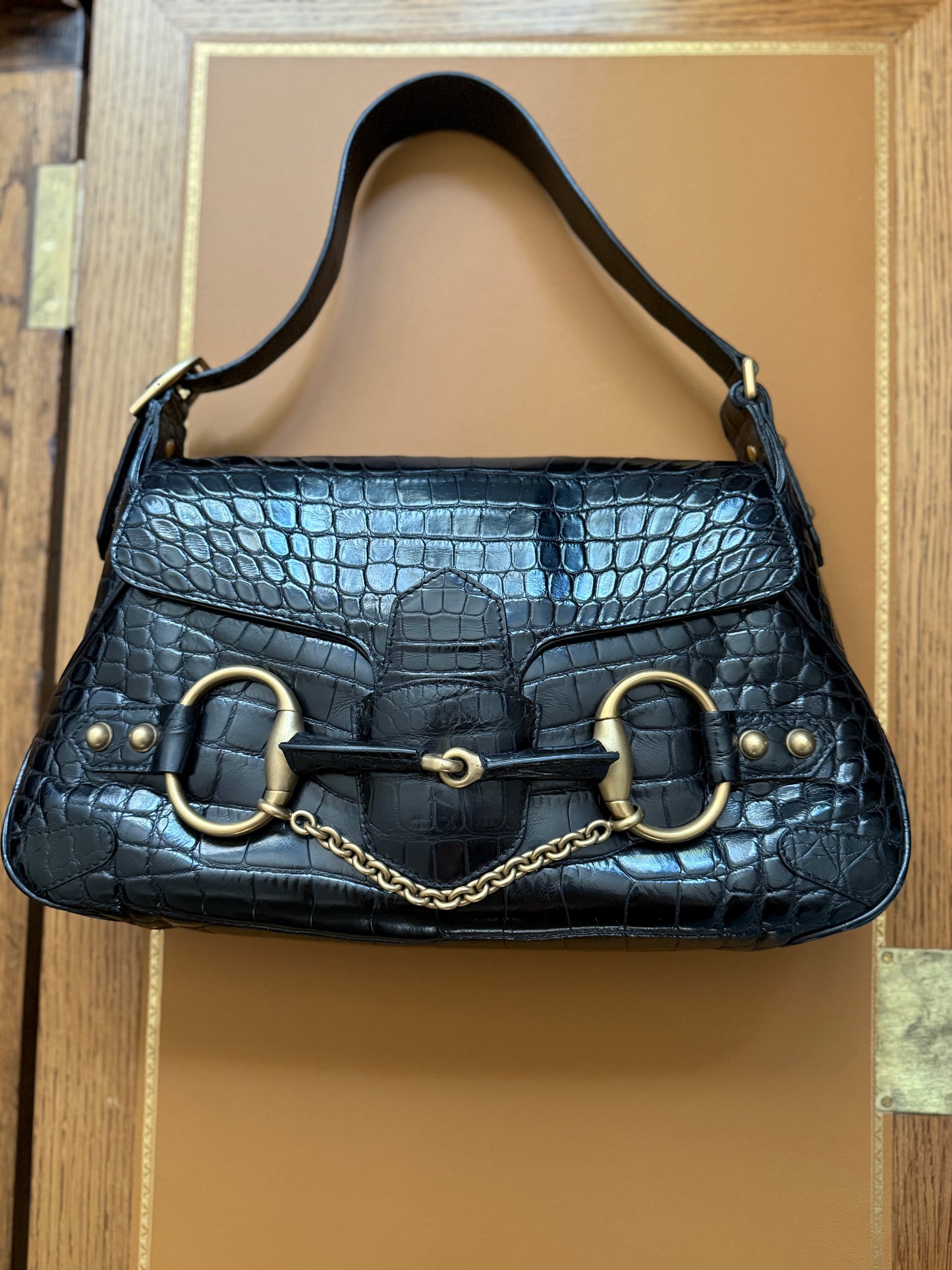 Rare one and only iconic limited edition runway Gucci Fall/Winter 2003 crocodile skin Horsebit 1955 by Tom Ford