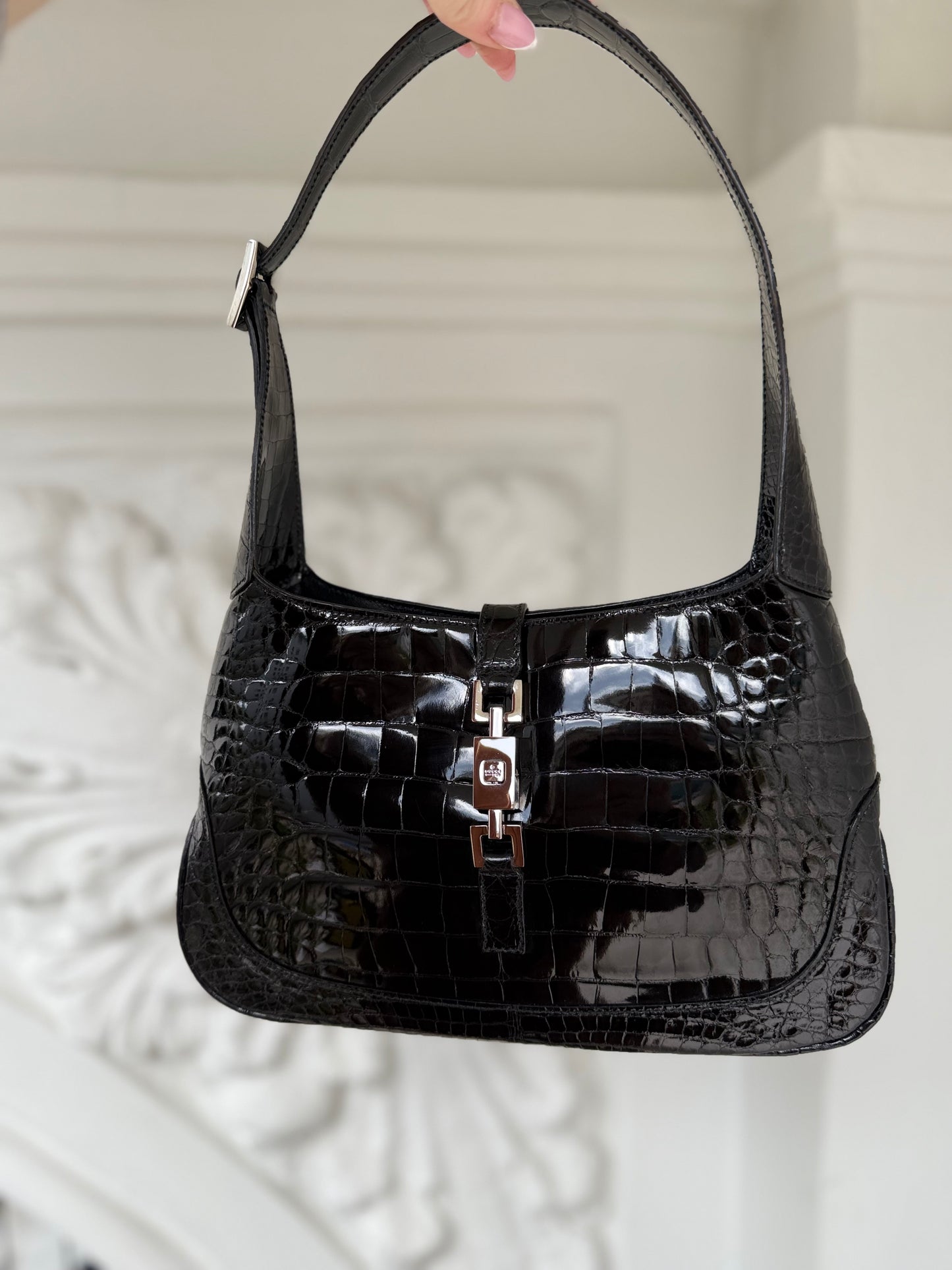 Rare iconic Gucci Jackie in glossy crocodile skin by Tom Ford from early 2000’s🖤