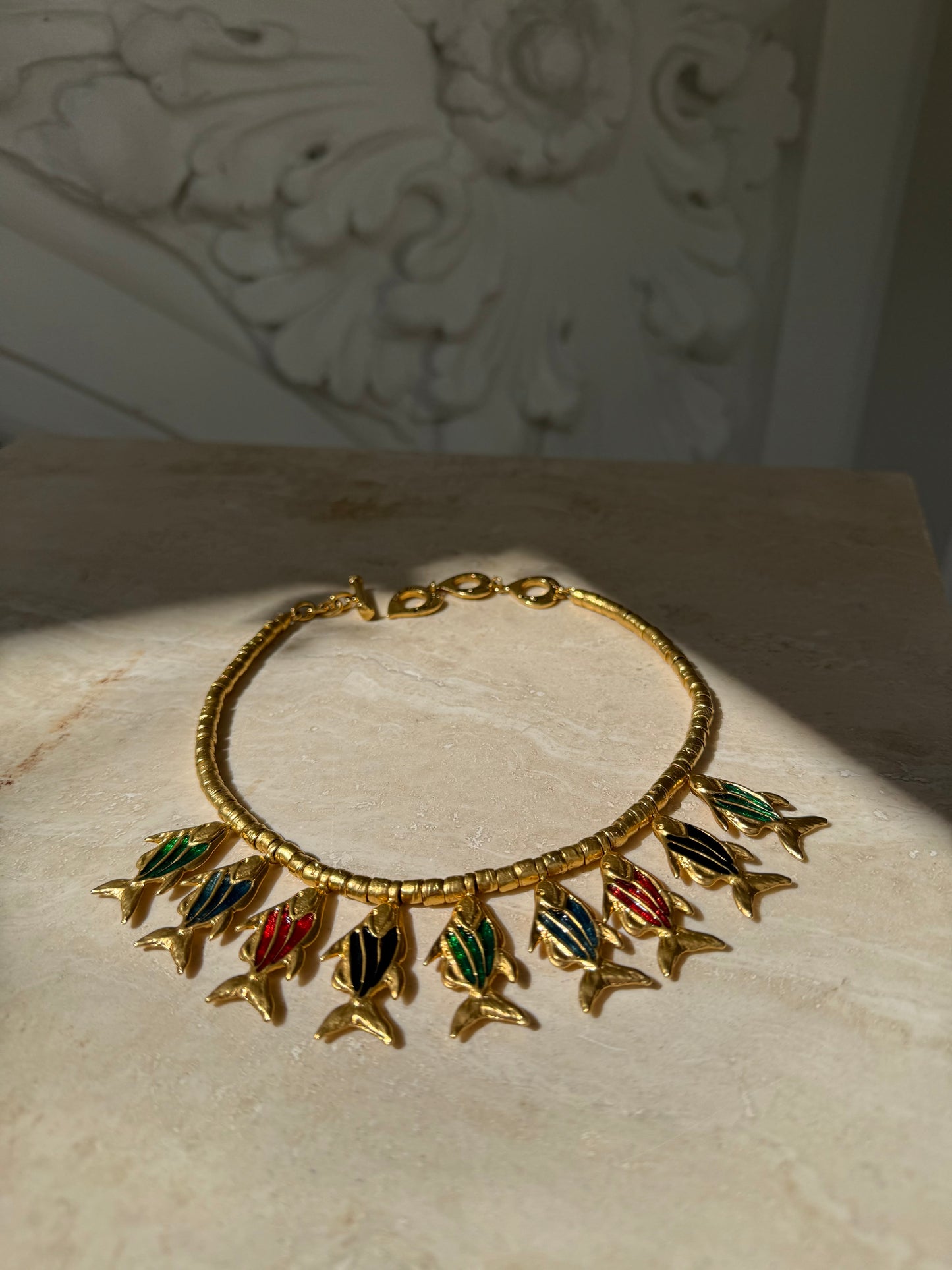 Rare vintage Yves Saint Laurent necklace with enamel fish pendants🐠🐟🐠💚