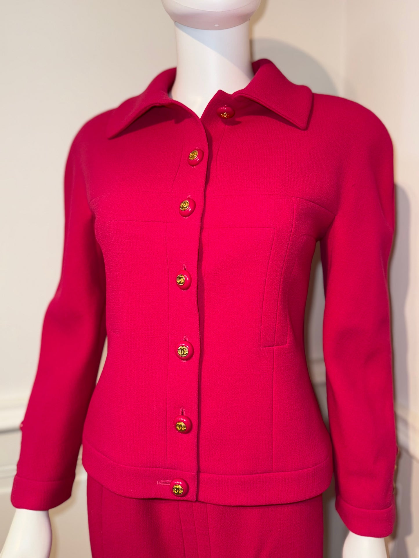 Documented Chanel AW 1991 Hip-Hope Collection Fuchsia Runway skirt suit by Karl Lagerfeld