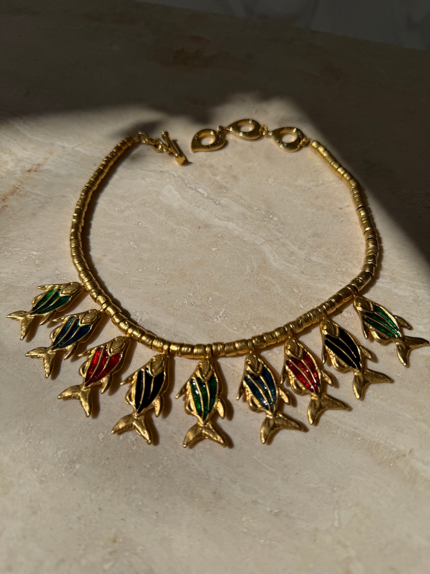 Rare vintage Yves Saint Laurent necklace with enamel fish pendants🐠🐟🐠💚