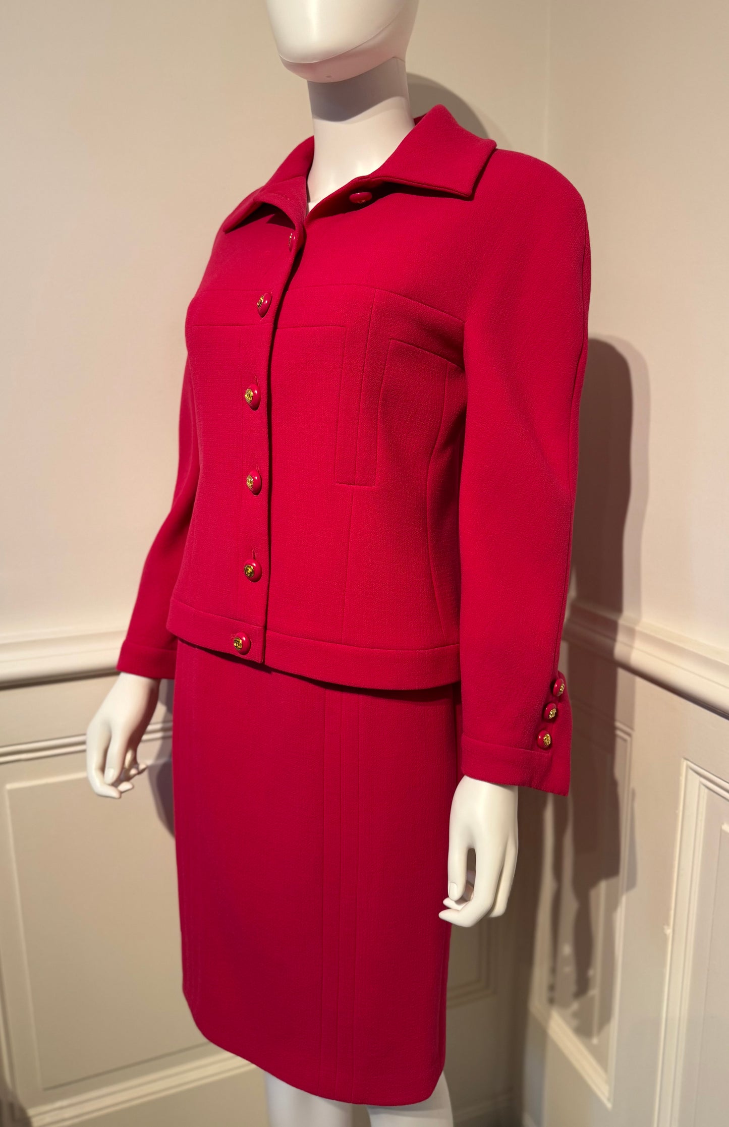 Documented Chanel AW 1991 Hip-Hope Collection Fuchsia Runway skirt suit by Karl Lagerfeld