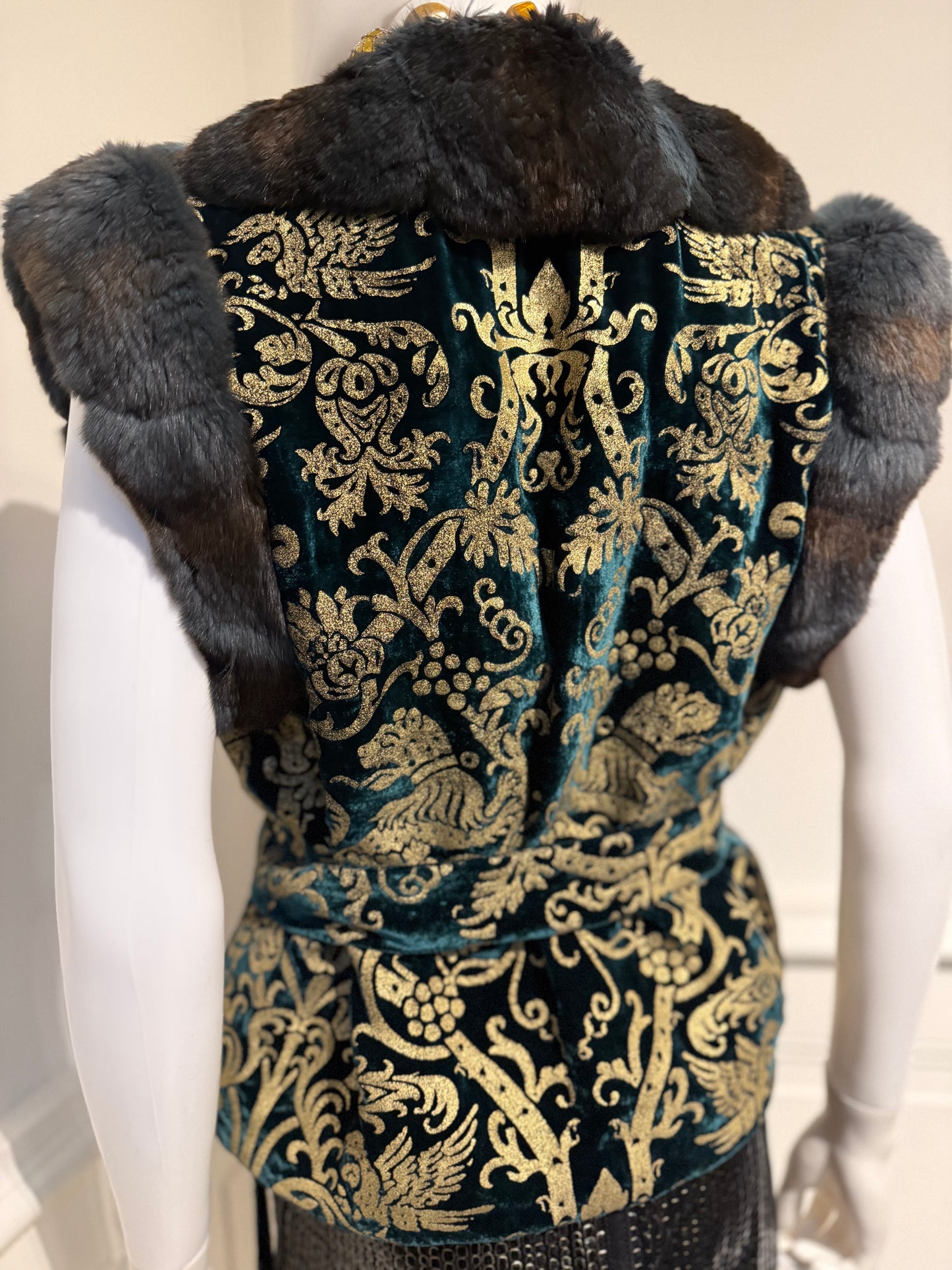 Roberto Cavalli Autumn/Winter 2006 gorgeous emerald green silk velvet gold pattern vest trimmed with chinchilla fur