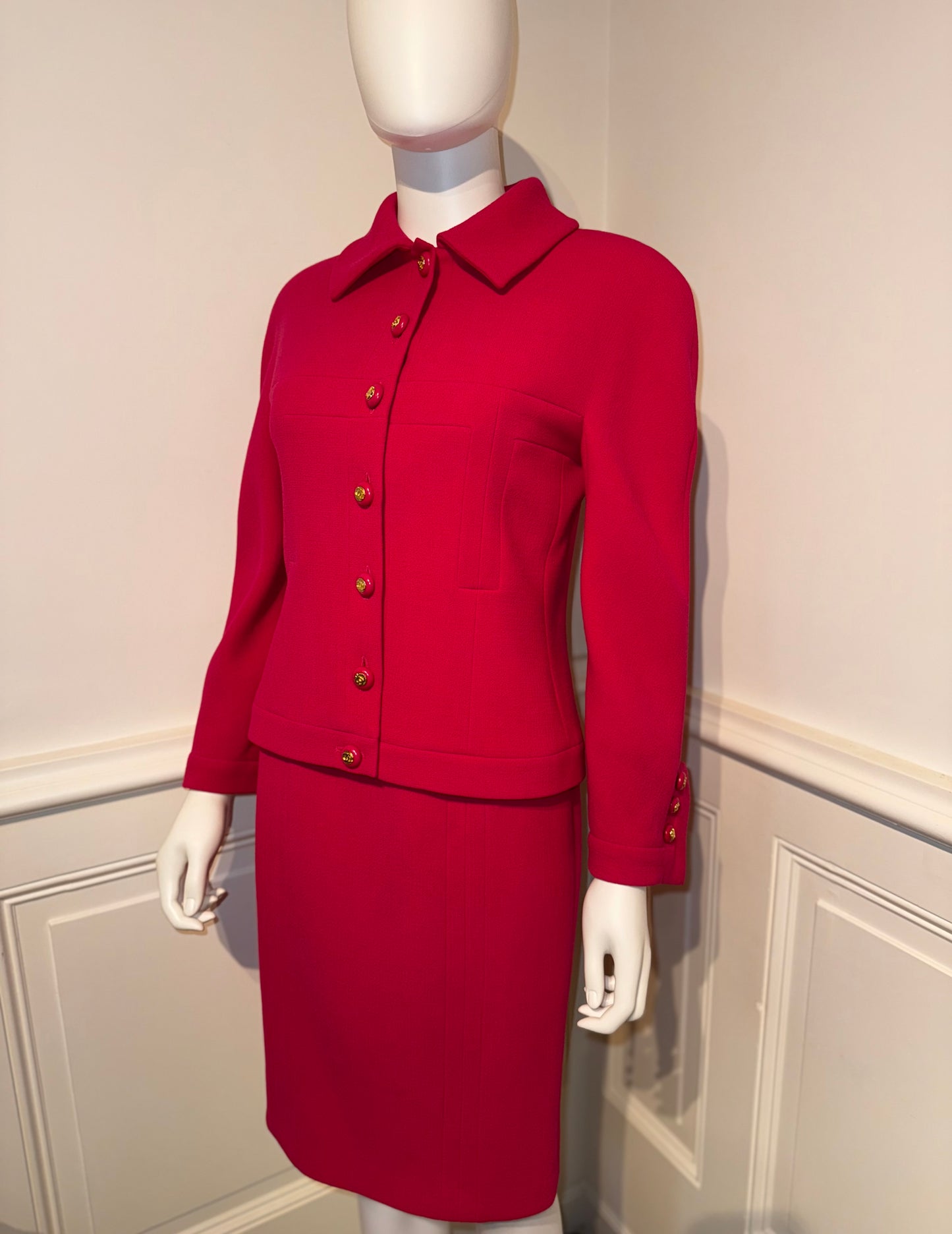 Documented Chanel AW 1991 Hip-Hope Collection Fuchsia Runway skirt suit by Karl Lagerfeld