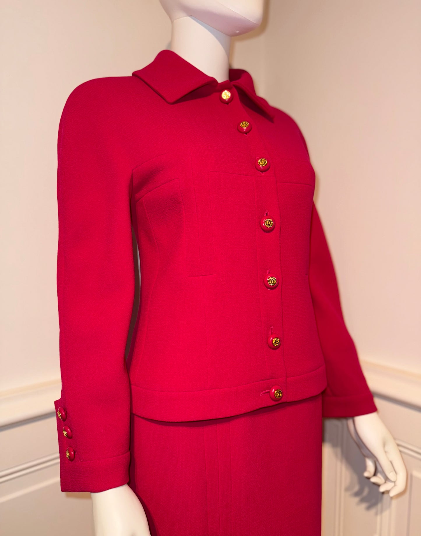 Documented Chanel AW 1991 Hip-Hope Collection Fuchsia Runway skirt suit by Karl Lagerfeld