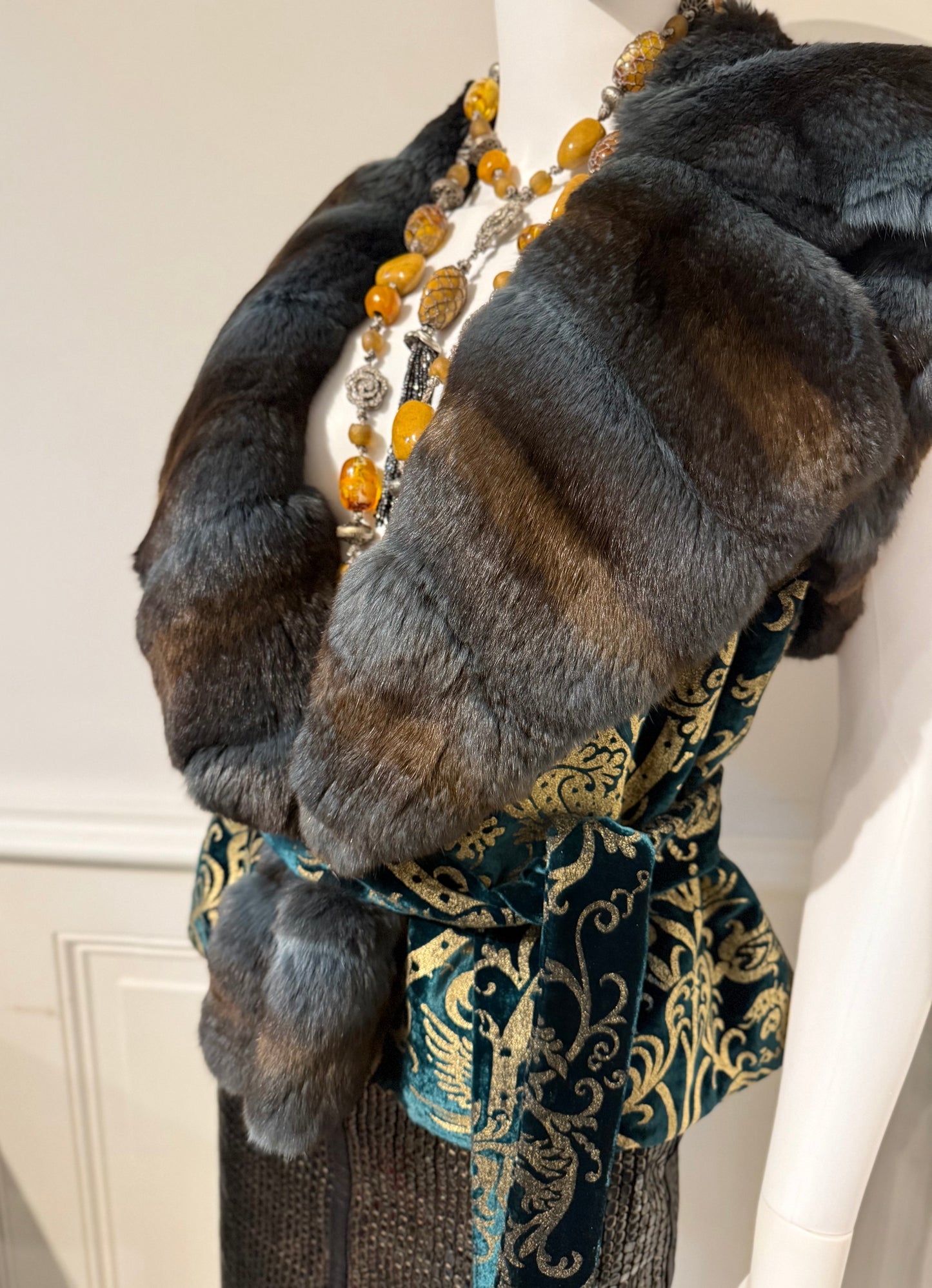 Roberto Cavalli Autumn/Winter 2006 gorgeous emerald green silk velvet gold pattern vest trimmed with chinchilla fur