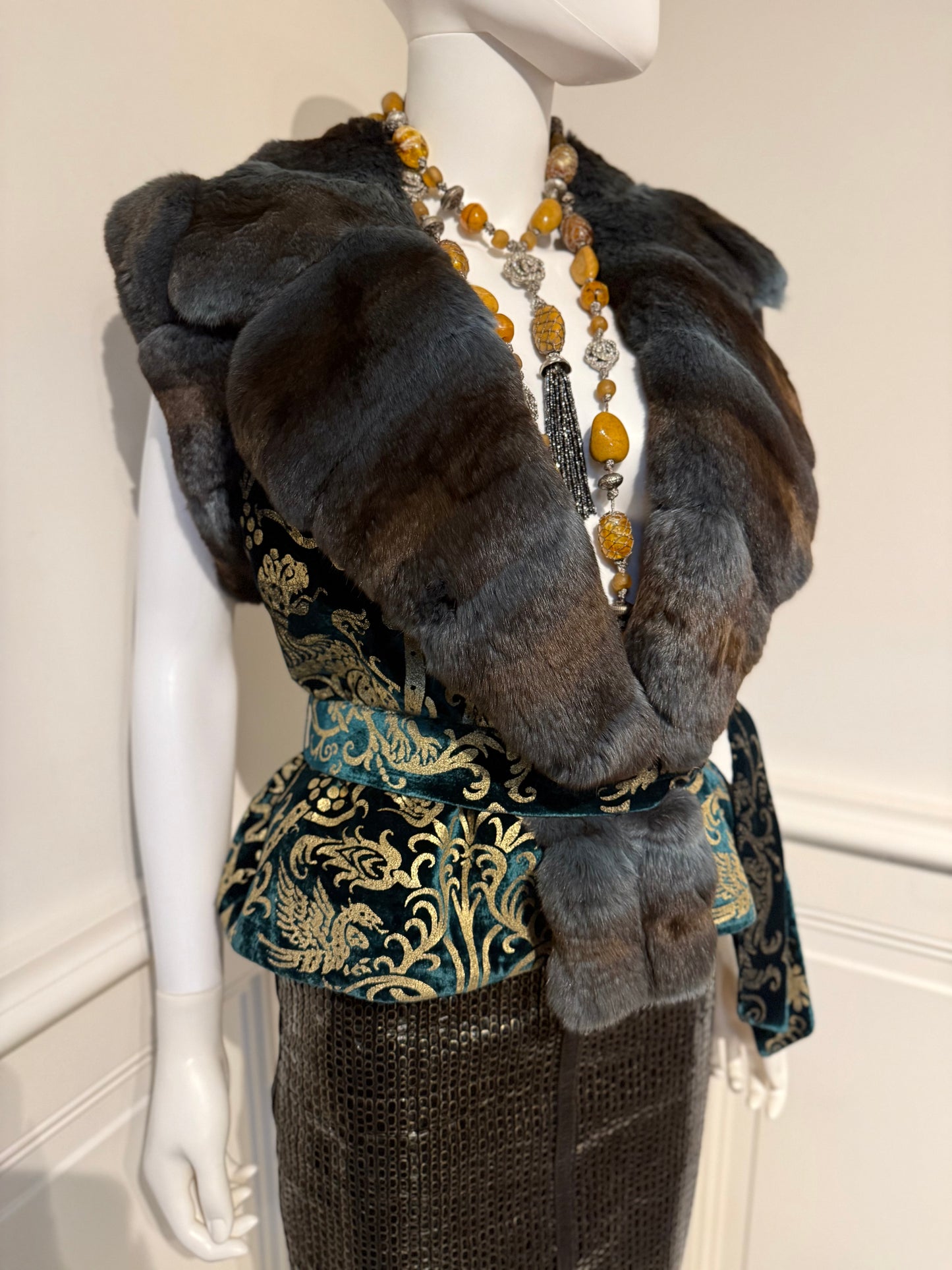 Roberto Cavalli Autumn/Winter 2006 gorgeous emerald green silk velvet gold pattern vest trimmed with chinchilla fur