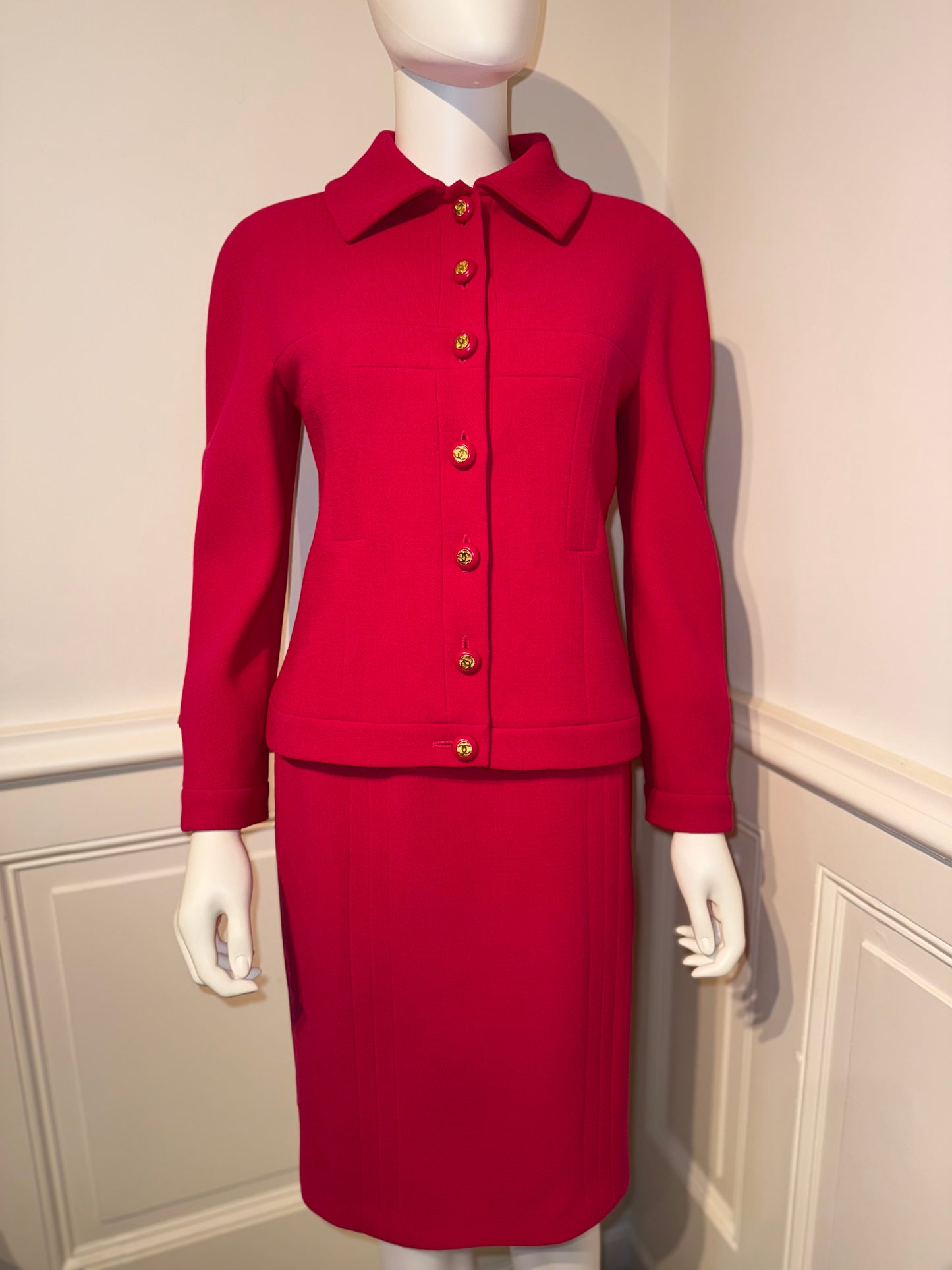 Documented Chanel AW 1991 Hip-Hope Collection Fuchsia Runway skirt suit by Karl Lagerfeld