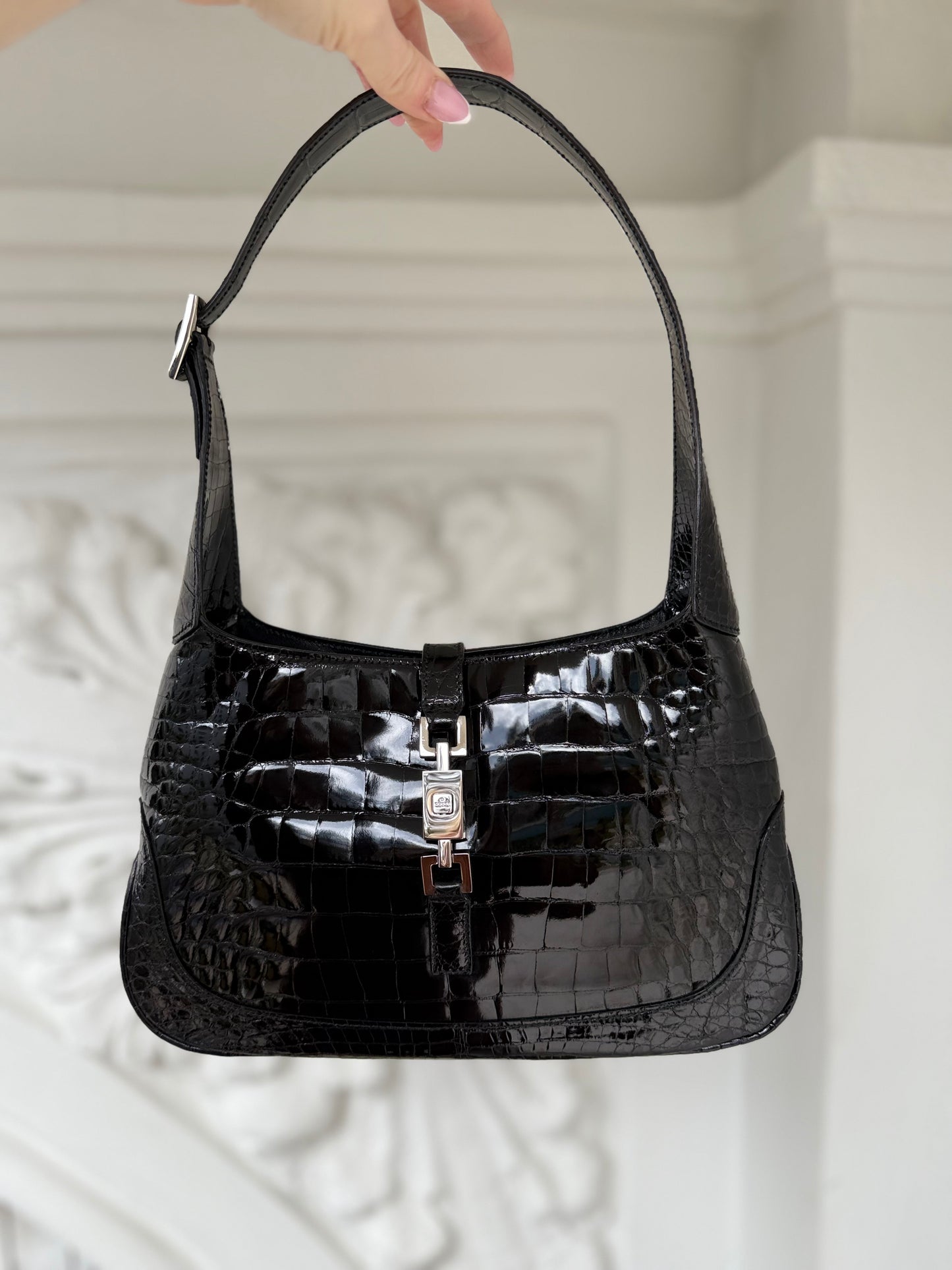 Rare iconic Gucci Jackie in glossy crocodile skin by Tom Ford from early 2000’s🖤