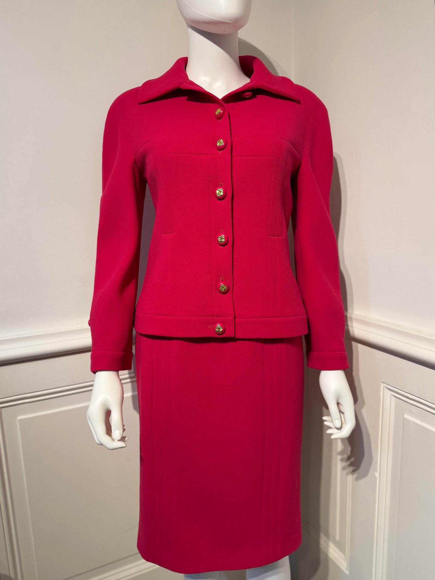 Documented Chanel AW 1991 Hip-Hope Collection Fuchsia Runway skirt suit by Karl Lagerfeld