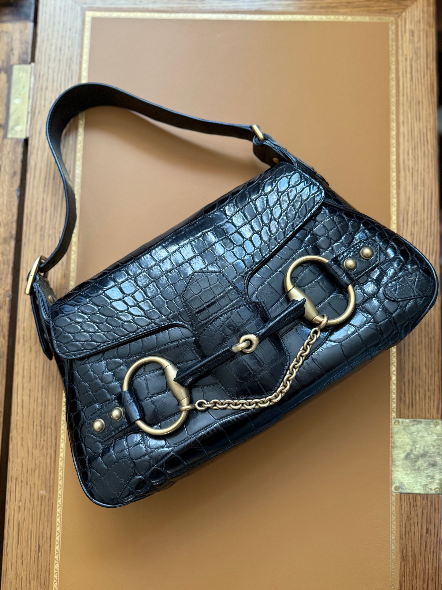 Rare one and only iconic limited edition runway Gucci Fall/Winter 2003 crocodile skin Horsebit 1955 by Tom Ford