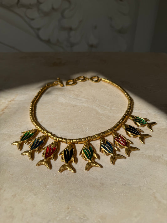 Rare vintage Yves Saint Laurent necklace with enamel fish pendants🐠🐟🐠💚