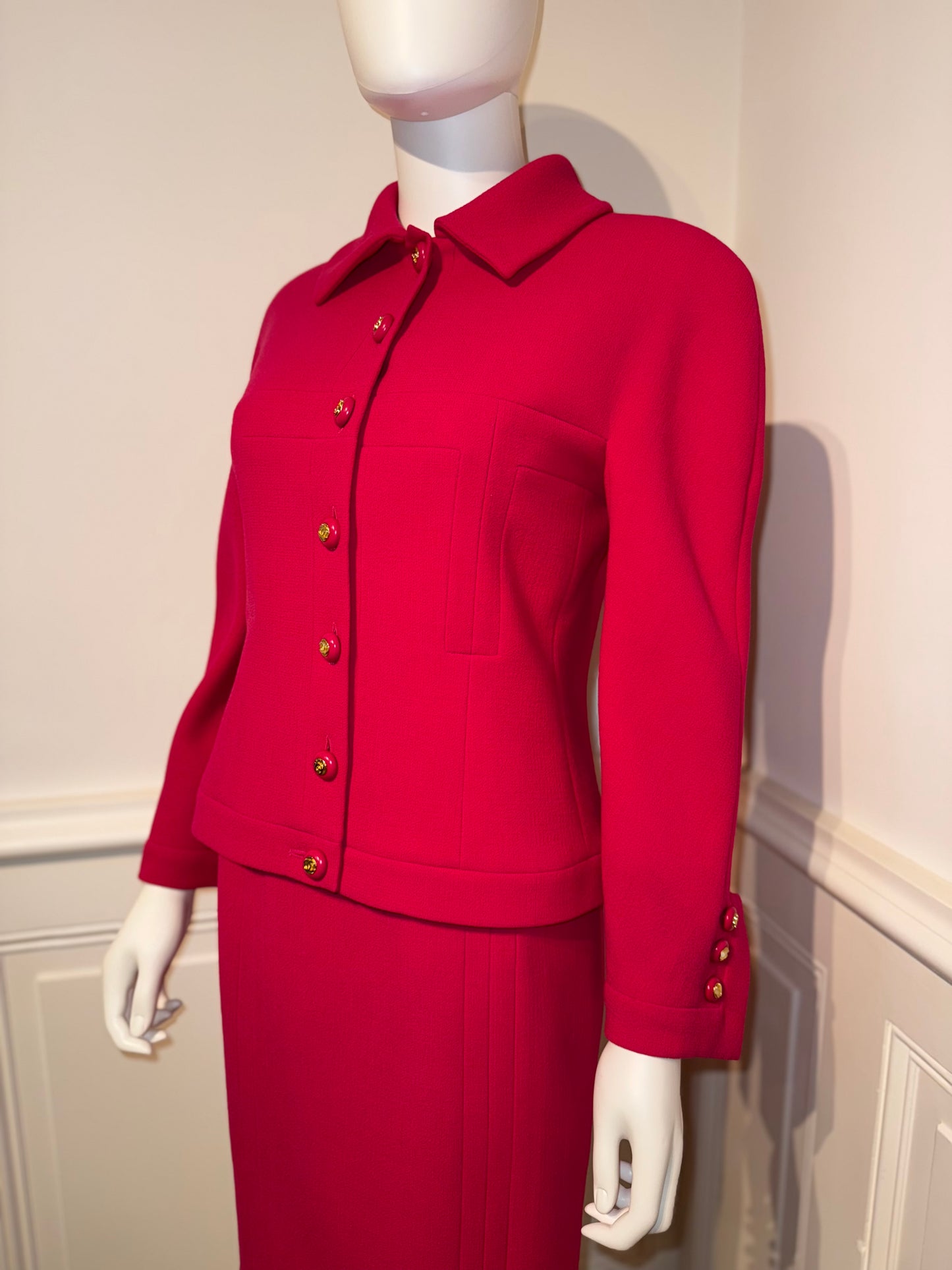 Documented Chanel AW 1991 Hip-Hope Collection Fuchsia Runway skirt suit by Karl Lagerfeld