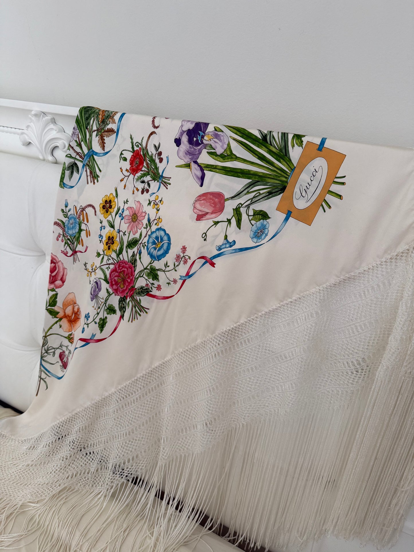 Vintage Gucci by Vittorio Accornero Flora II silk fringed shawl