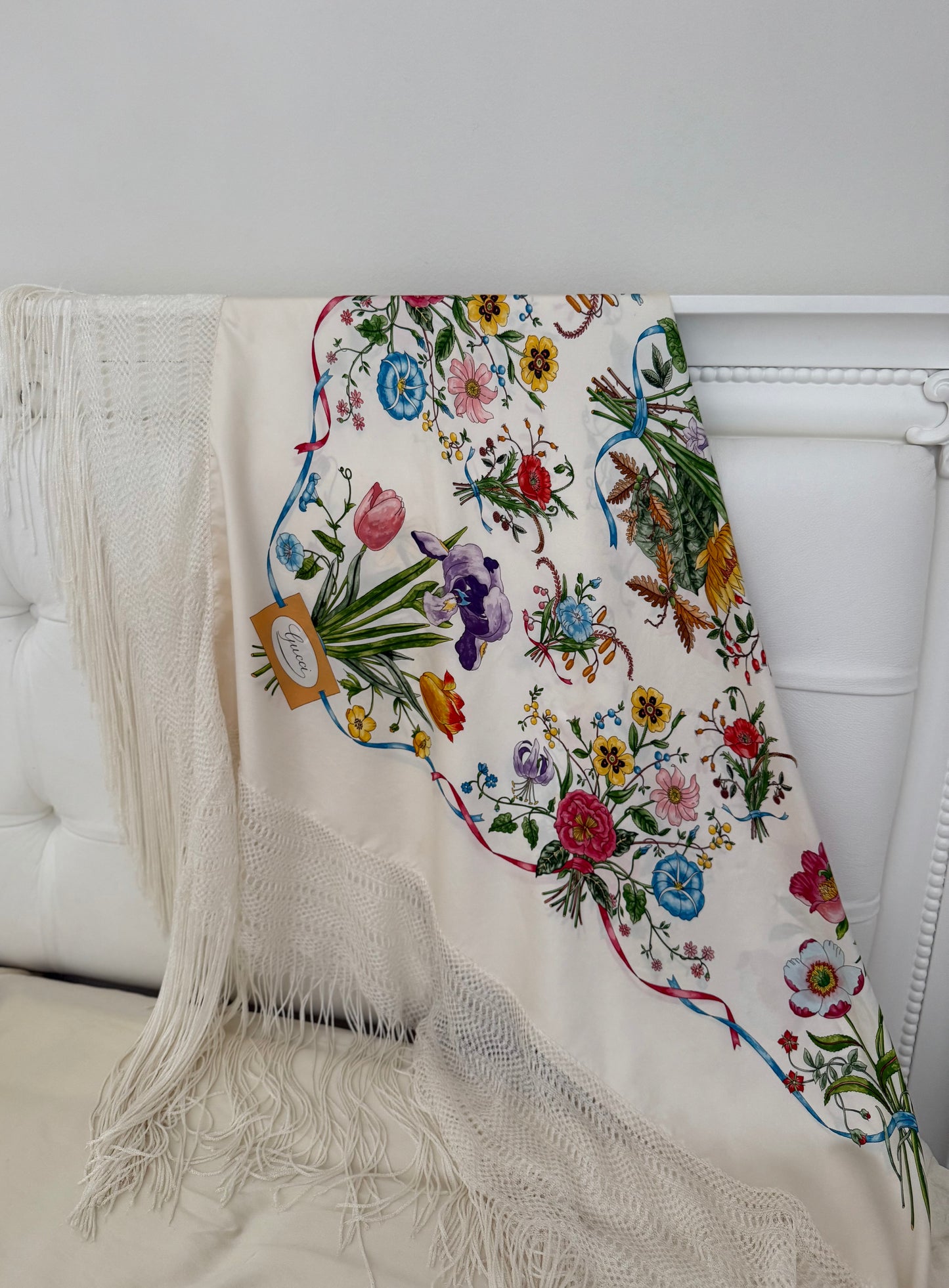Vintage Gucci by Vittorio Accornero Flora II silk fringed shawl
