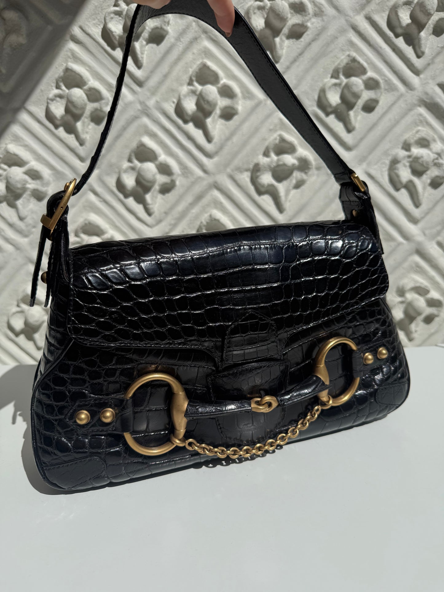 Rare one and only iconic limited edition runway Gucci Fall/Winter 2003 crocodile skin Horsebit 1955 by Tom Ford